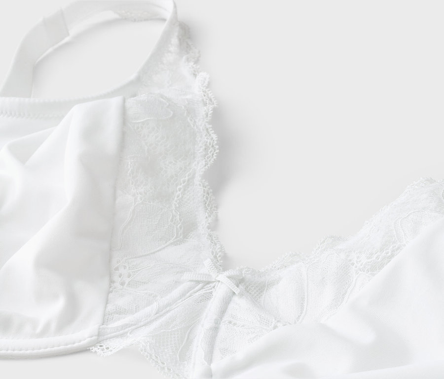 Gros plan d'un soutien-gorge blanc avec de la dentelle.