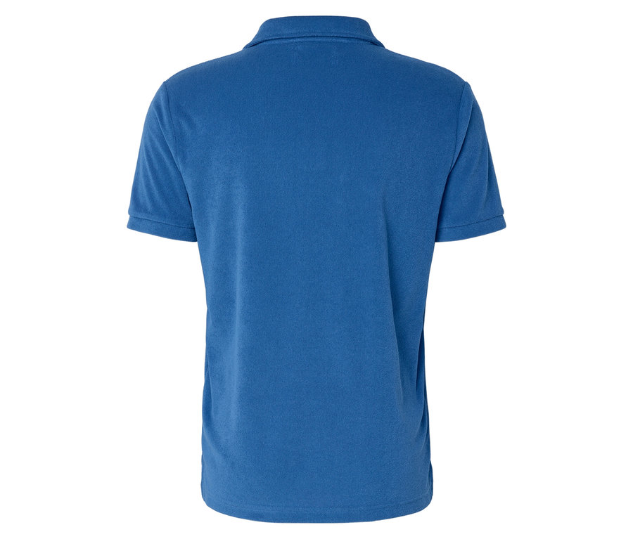 Vue arrière d'un polo bleu sur fond blanc.