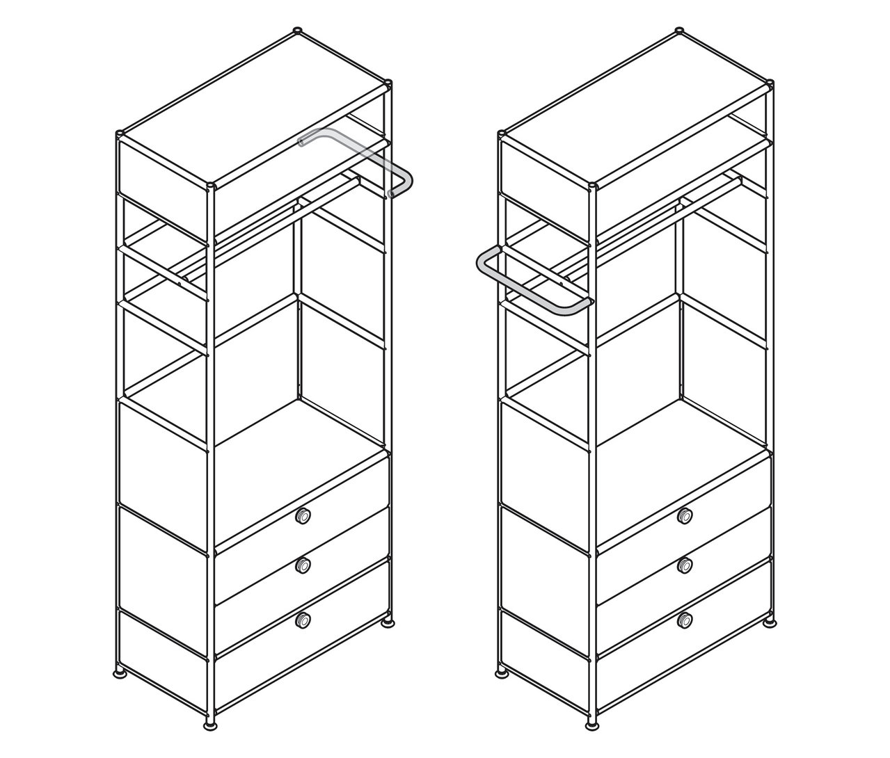 Deux garde-robes en métal « CN3 » avec tringle et 3 tiroirs présentées dans un dessin au trait.