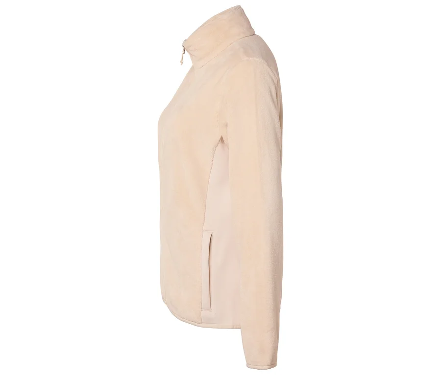 Veste en polaire beige avec fermeture éclair et poche latérale, vue de côté.