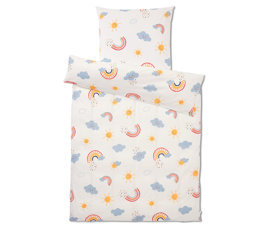 Linge de lit avec un motif d'arcs-en-ciel, de soleils et de nuages.