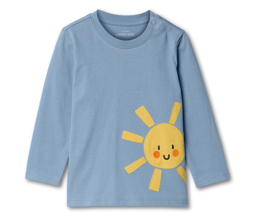 Un t-shirt à manches longues bleu clair avec un soleil jaune.