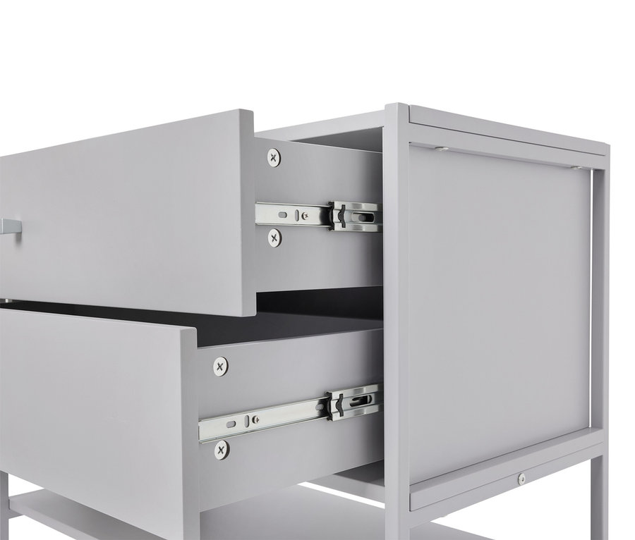 Une armoire grise avec deux tiroirs ouverts.