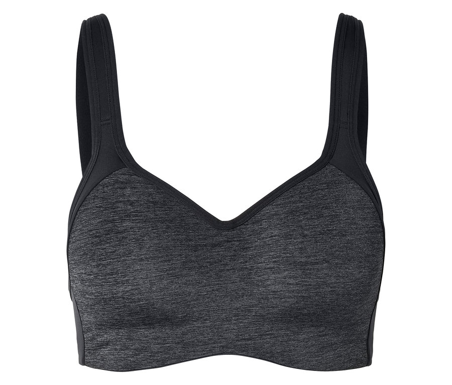 Soutien-gorge de sport gris avec bretelles noires.