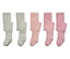 Cinq paires de collants pour enfants en vert, rose et rose avec des motifs rayés et à pois sont alignées sur un fond blanc.