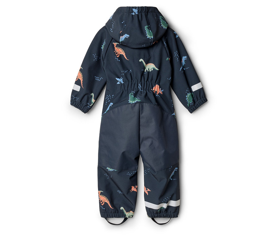 Vue arrière d'une combinaison enfant bleu marine à capuche avec motif dinosaures.