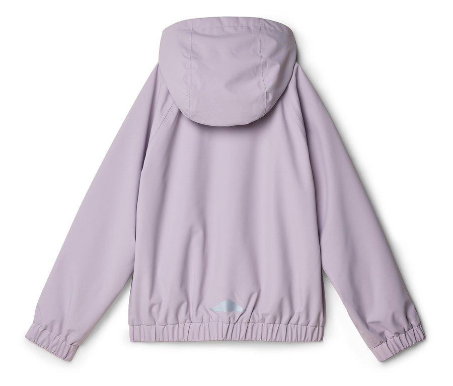 Vue arrière d'un imperméable violet clair avec capuche et ourlet élastique aux manches et à la taille.
