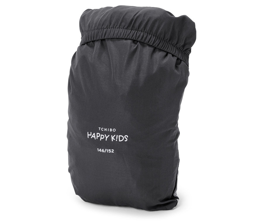 Sac d'emballage gris foncé froncé avec l'inscription TCHIBO HAPPY KIDS 146/152.