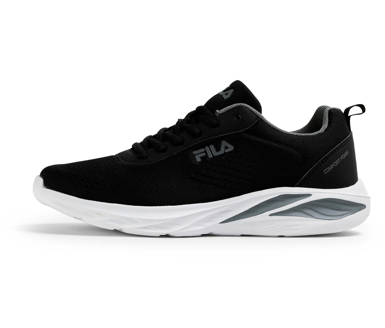 Sneakers FILA Specctris noirs pour homme avec une semelle blanche et grise et l'inscription "Comfort Foam" sur le côté.