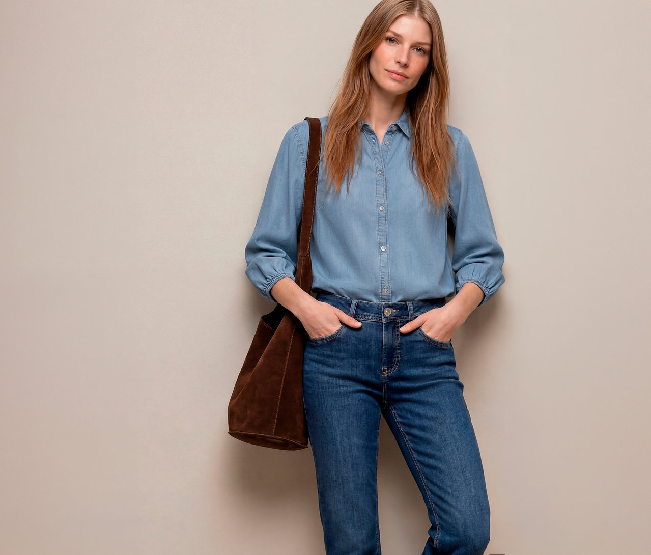 Femme portant une chemise et un jean en denim, avec un sac en daim marron sur l'épaule et les mains dans les poches.