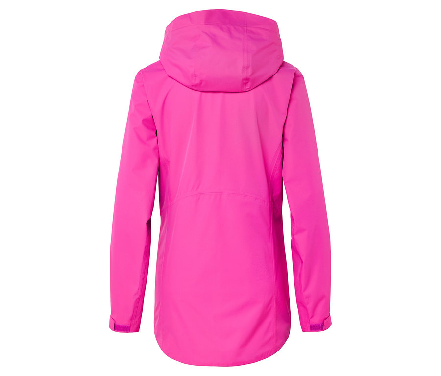 Vue arrière d'une veste rose à capuche.