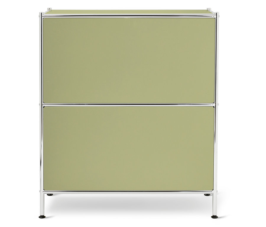 Vue de face d'une armoire à deux étages vert clair avec des cadres métalliques argentés.