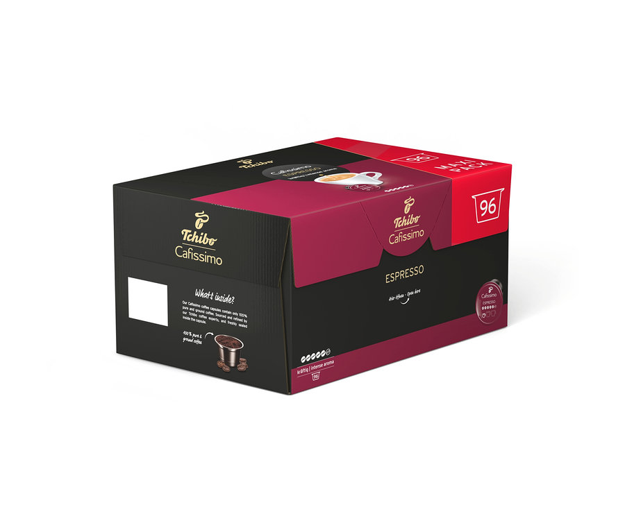 Boîte noire et bordeaux de capsules de café Tchibo Cafissimo Espresso, contenant 96 capsules, avec indicateur d'intensité et tasse de café.