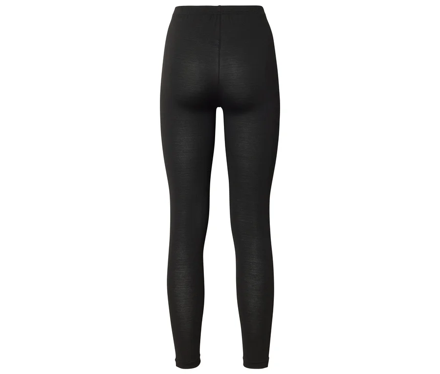 Une paire de leggings noirs unis et longs, vus de dos sur un fond blanc.