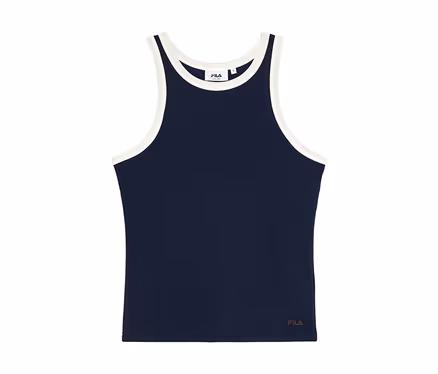 Maillot de sport FILA pour femme bleu marine côtelé, de type débardeur, avec liseré blanc au col et aux emmanchures.