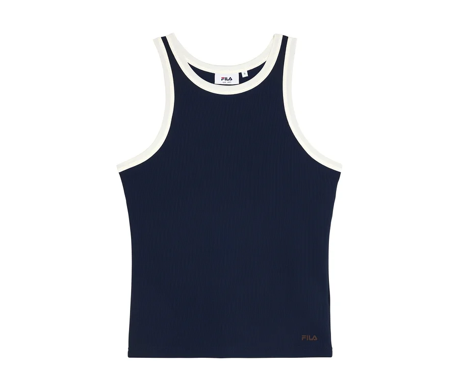 Maillot de sport FILA pour femme bleu marine côtelé, de type débardeur, avec liseré blanc au col et aux emmanchures.