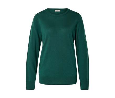 Pull vert foncé à manches longues avec col rond, poignets et ourlet côtelés, présenté à plat.