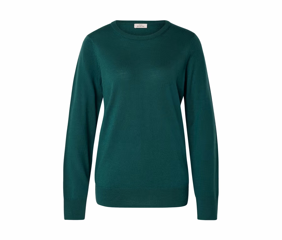Pull vert foncé à manches longues avec col rond, poignets et ourlet côtelés, présenté à plat.