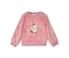 Pull en peluche rose à col rond et bords-côtes. Il présente un motif brodé d'un pingouin portant un pull tricoté crème et des cache-oreilles roses, entouré de flocons de neige blancs.
