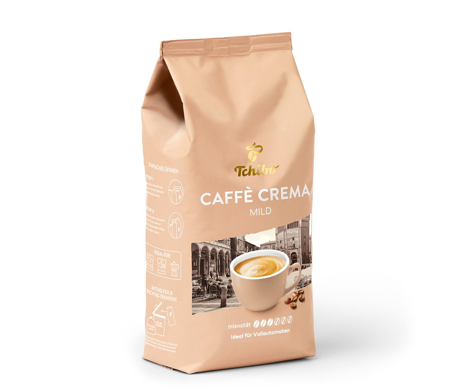 Paquet beige de café en grains Tchibo Caffè Crema Mild (1 kg) avec une tasse de café et des grains de café illustrés.