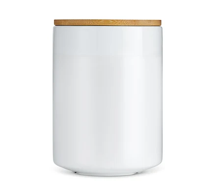 Boîte à café blanche en céramique avec couvercle en bois.
