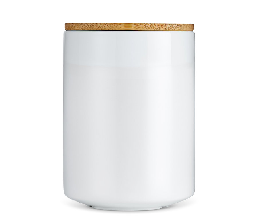 Boîte à café blanche en céramique avec couvercle en bois.