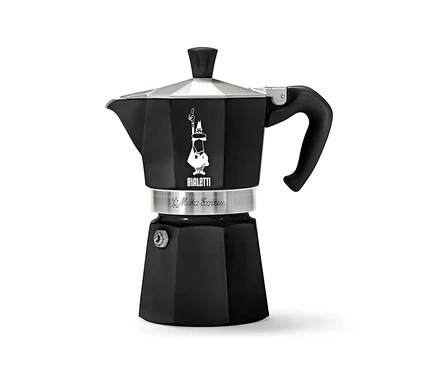 Cafetière italienne Bialetti Moka Express noire sur fond blanc.