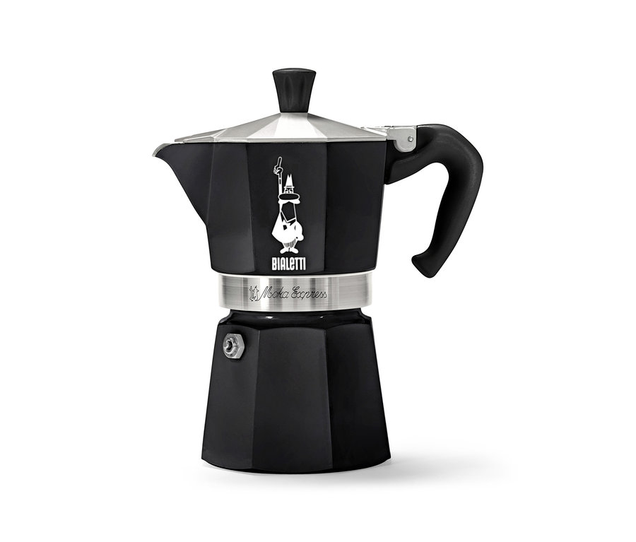 Cafetière italienne Bialetti Moka Express noire sur fond blanc.