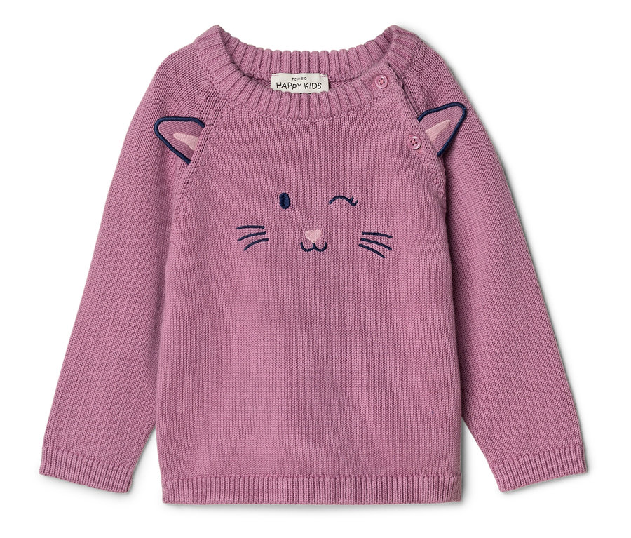 Pull enfant en maille rose avec un motif de visage de chat. Il présente des yeux clignotants brodés, un nez et des moustaches, ainsi que deux petites oreilles 3D sur les épaules et deux boutons sur l'épaule gauche.
