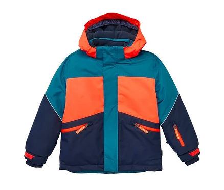 Veste d’hiver robuste pour enfant JAKO-O, turquoise, orange et bleu marine, avec capuche et poches zippées.