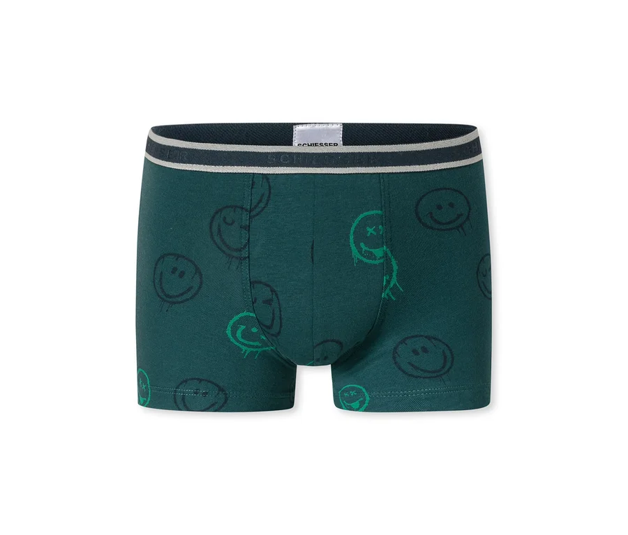 Short enfant vert foncé avec un motif de visages souriants verts et une ceinture grise avec le logo SCHIESSER.