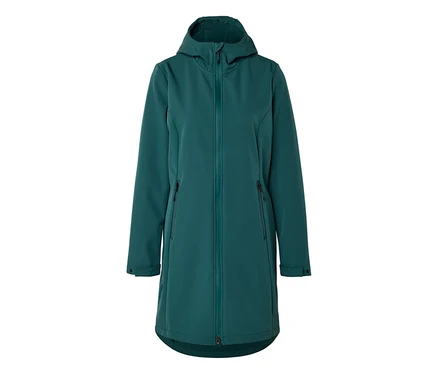 Longue veste softshell verte avec capuche et fermeture éclair sur le devant.