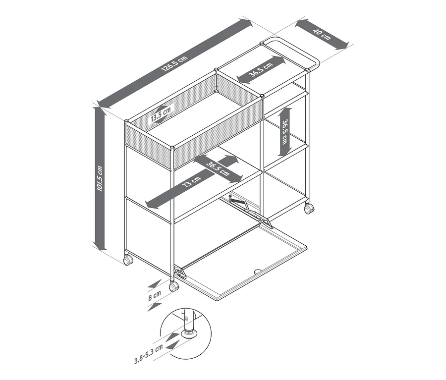 Dessin au trait du chariot de bar en métal « CN3 », montrant ses trois étagères, un compartiment supérieur à côtés grillagés et un compartiment inférieur à abattant ouvert. Dimensions : 101,5 cm de haut, 126,5 cm de long et 40 cm de profondeur, avec 36,5 cm de hauteur entre les étagères. Il est équipé de roulettes de 8 cm de haut et de pieds réglables de 3,8-5,3 cm.