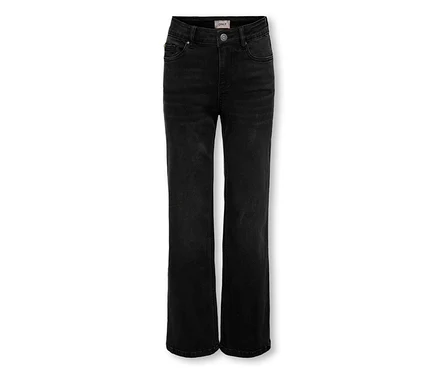 Jean noir taille haute à jambe droite, à l'aspect délavé, avec une étiquette 'ONLY' sur la ceinture.