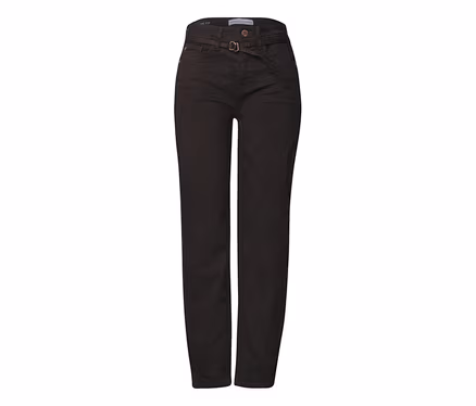 Jean Barrel Street One marron foncé, taille haute, avec ceinture à boucle ronde.
