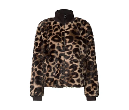 Blouson Street One en fausse fourrure à imprimé léopard, avec col montant noir, fermeture éclair et bords-côtes.