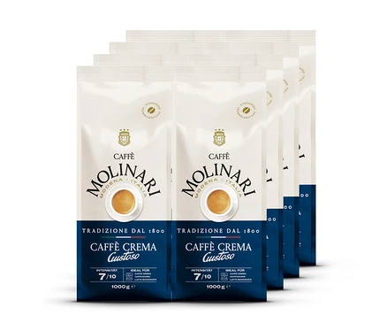 Cinq paquets de café Molinari Caffè Crema Gustoso disposés en quinconce, blancs et bleu foncé, avec l'inscription "Intensität 7/10" et "1000 g e".