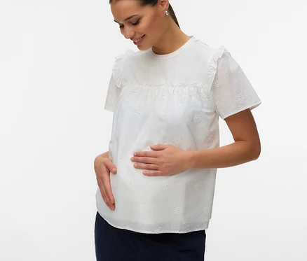 Femme enceinte souriante tenant son ventre, vêtue d'un haut blanc MAMALICIOUS « MLDORA » avec des détails brodés et d'un pantalon bleu foncé.