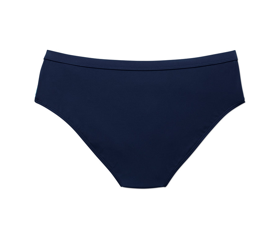 Culotte de bikini de sport bleu marine sur fond blanc.