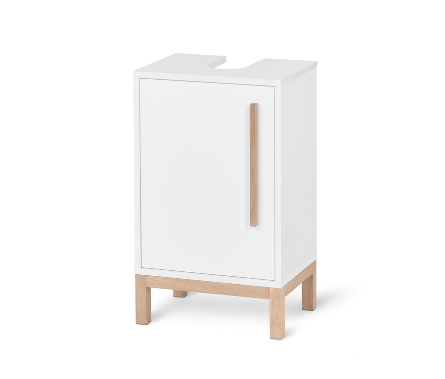 Petite armoire sous lavabo «Eklund» blanche avec poignée et pieds en bois.