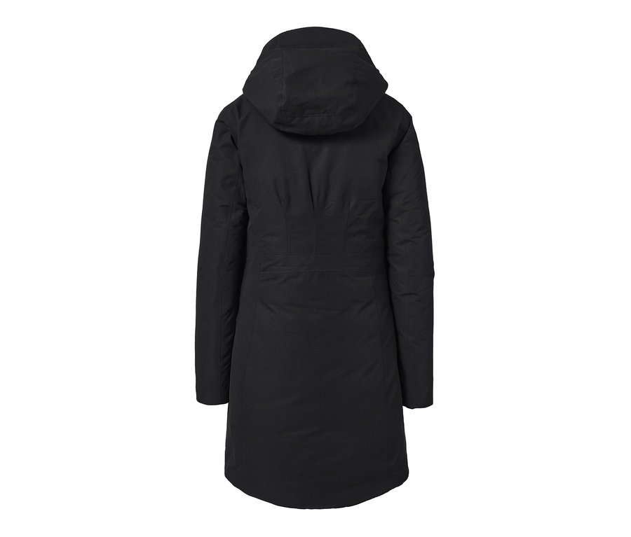 Vue arrière d'un manteau thermique anthracite avec capuche.