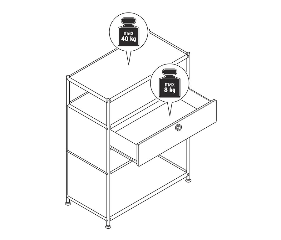 Schéma d'une commode en métal « CN3 » avec 2 tiroirs. Le dessus de la commode a une capacité de charge maximale de 40 kg, le tiroir a une capacité de charge maximale de 8 kg.