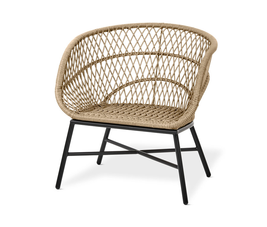 Fauteuil de jardin « Boho » avec tressage en polyrotin sur des pieds noirs.
