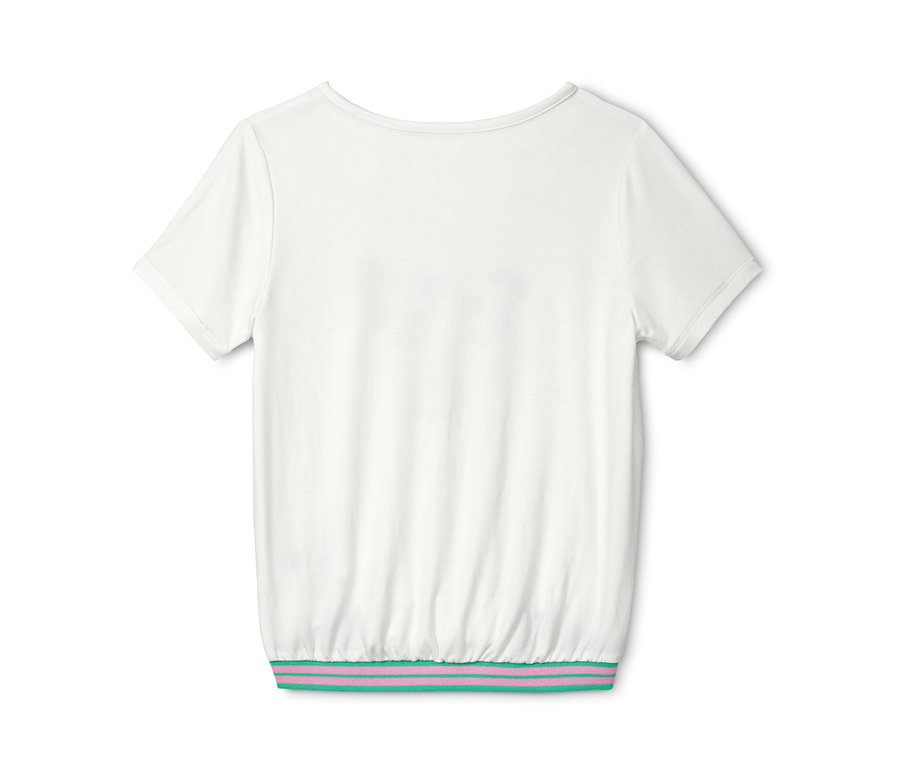 T-shirt à enfiler blanc à manches courtes avec ourlet rayé vert et rose.