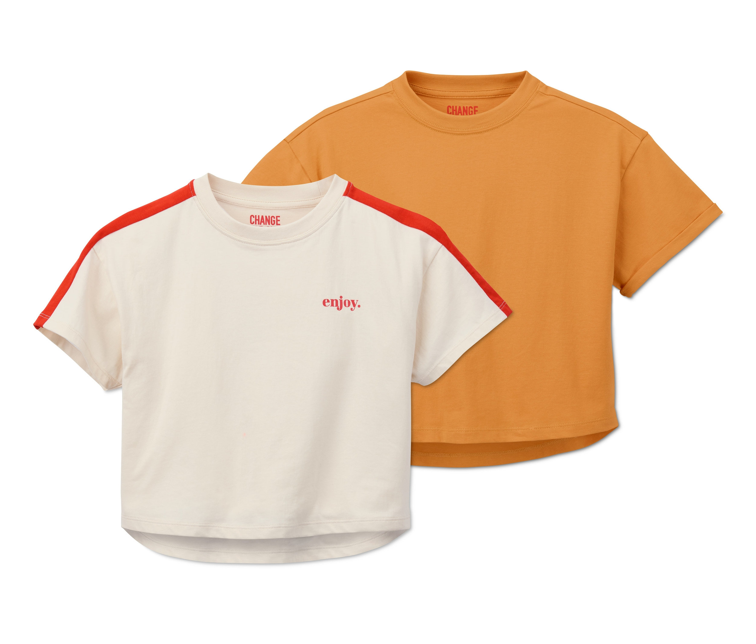 Deux t-shirts courts : un t-shirt crème avec des rayures rouges et l'inscription enjoy. et un t-shirt jaune.