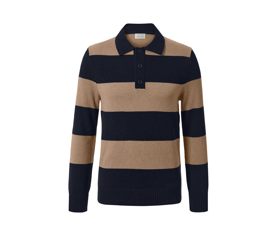 Pull rayé en cachemire avec col et boutons.