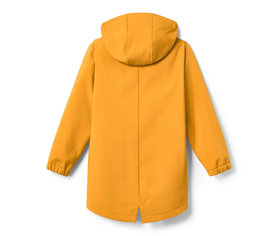Parka jaune à capuche vue de dos.