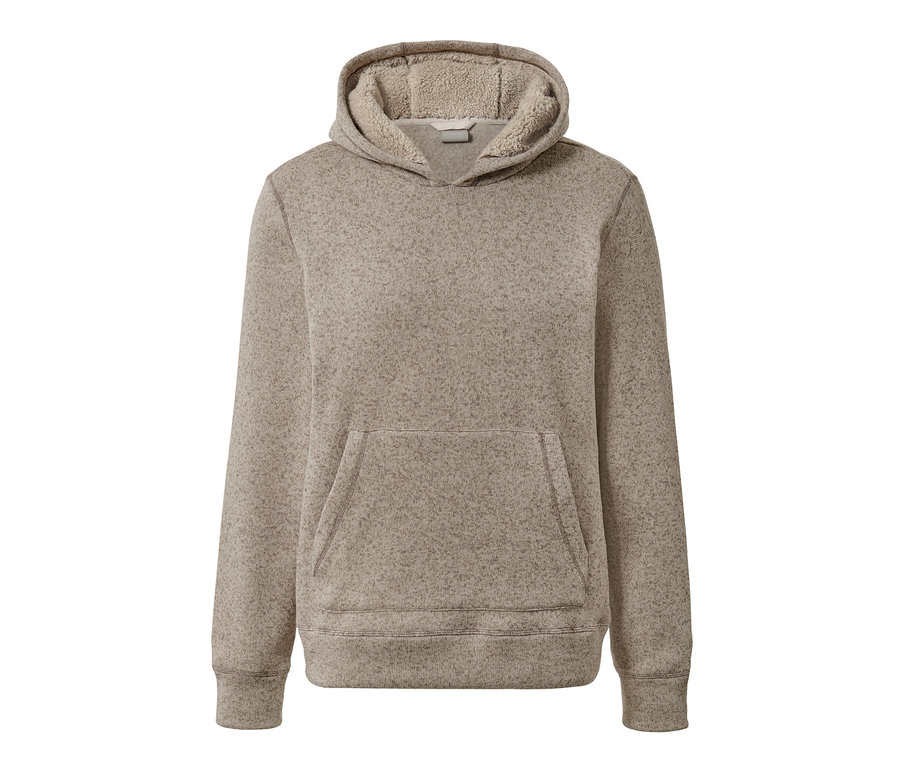 Un sweat à capuche beige en maille polaire avec une poche kangourou.