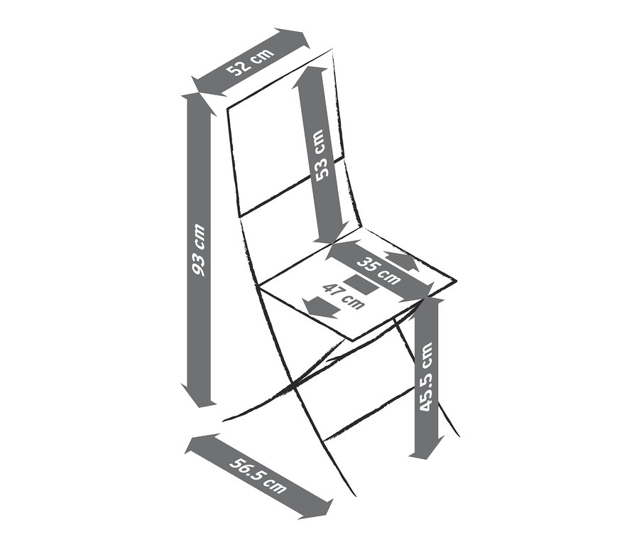 Schéma d'une chaise pliable avec accoudoirs « Lenja » et indications de taille.