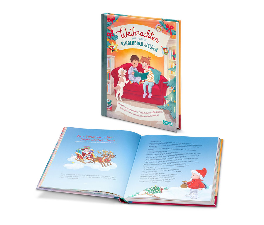Livre ouvert avec des illustrations et le livre « Weihnachten mit meinen Kinderbuch-Helden » (« Noël avec mes héros de livres pour enfants ») en arrière-plan.